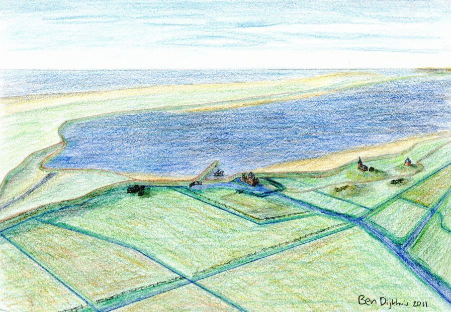 Een voorstelling van een landschap aan de kust bij de Zijpe in de 13e eeuw. 
