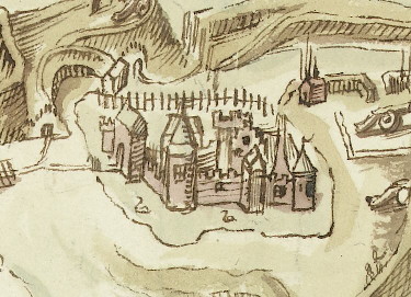Het kasteel in Medemblik, nog in volle omvang. Fragment van de kaart rechtsboven.