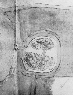 Detail of a map of 1566 by Lauris Pieterz., geometer, with Nieuwburg Castle's terrain. Left, a part of the Lake of Vronen.